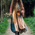 Women's Vintage Bohemian Floral Patch V-neck Cotton And Linen Dress elevenforest