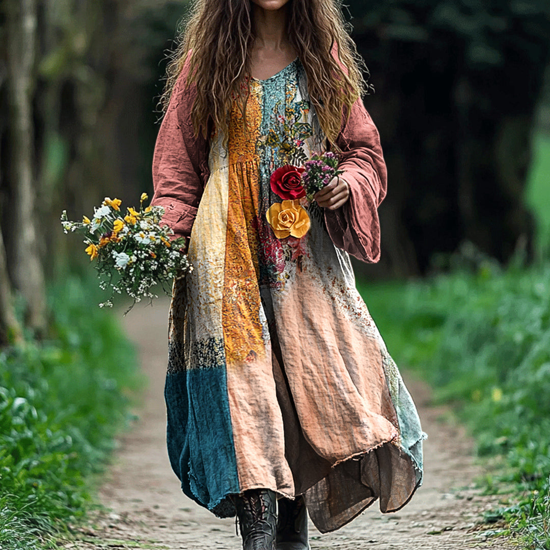 Women's Vintage Bohemian Floral Patch V-neck Cotton And Linen Dress elevenforest