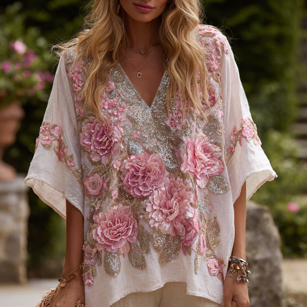 Bohemian Style Embroidered Multi-petaled Pink Flower, With Galaxy Sequins, Vintage Linen V-neck Short-sleeved Top elevenforest