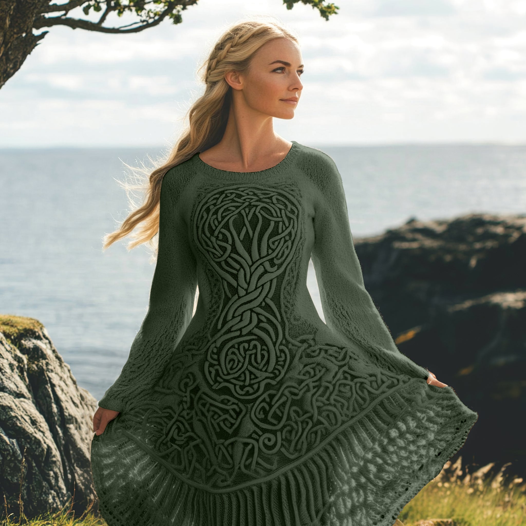 Women's Celtic Knot And Tree Of Life Long Sleeve Sweater Dress elevenforest