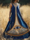 Eye Of Horus Ancient Egyptian Embroidered Flowy Linen Maxi Dress elevenforest