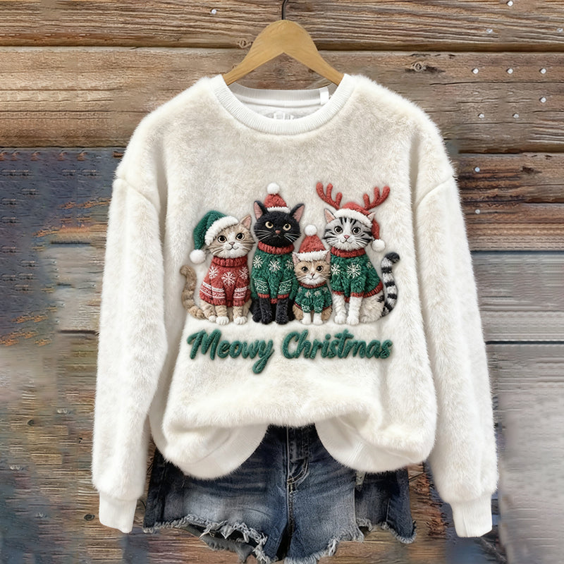 Comstylish Christmas Cat Family Plush Pattern Sweater
