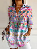 Women's Bohemian Watercolor Floral Art Print Casual Cotton Shirt