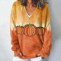 Halloween Pumpkin Print V-Neck Cozy Knit Sweater artswardrobe