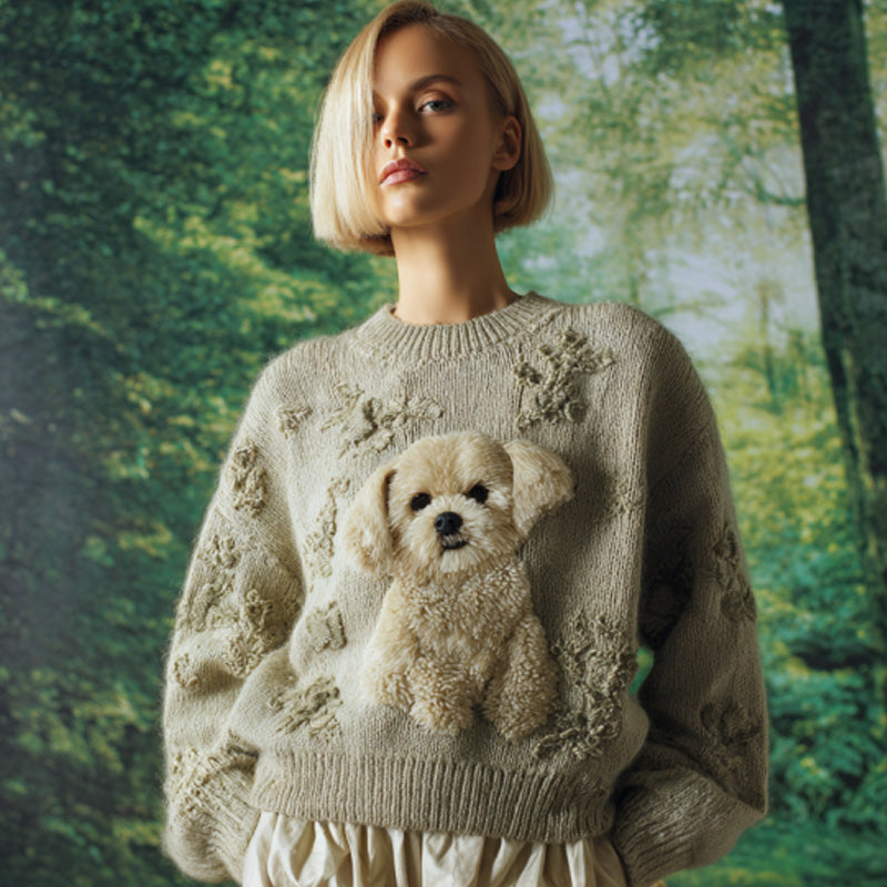 Comstylish Women's Vintage Mohair Dog Embroidered Sweater