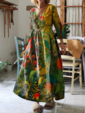 Women's Flower Art Print V-Neck Cotton Pocket Wrap Dress