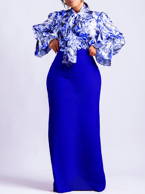 Long Sleeves Printed Blouse + Split-back Color Skirt Two Pieces Set