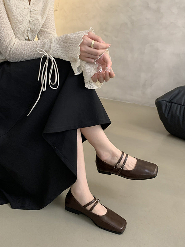 Belt Buckle Shallow Cut Split-joint Square-toe Flats Mary Janes