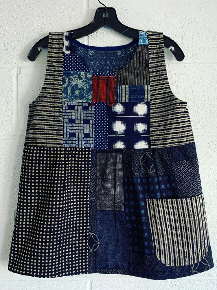 Japanese Art Striped Patchwork Art Linen Tank Top elevenforest