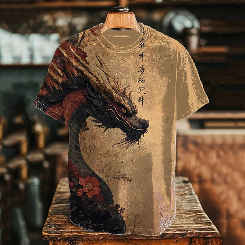 Men's Flower Dragon Chinese Calligraphy Art Print T-shirt elevenforest