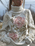 Women's Pink Floral Three-dimensional Embroidered Turtleneck Sweater elevenforest