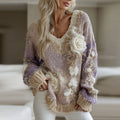 Women's Retro Gradient Purple Floral Art Cozy V Neck Sweater elevenforest