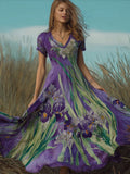 Elegant Iris Flowers Art V Neck Flowy Linen Maxi Dress elevenforest