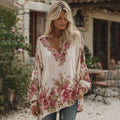 Women's Vintage Roses Print V-neck Loose Linen Blend T-shirt elevenforest