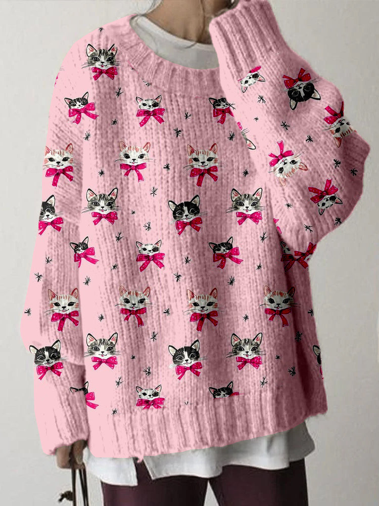 Comstylish Cute Christmas Cat Pattern Cozy Knit Sweater