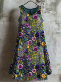 Elegant Violet Wildflower Embroidered Linen Midi Dress elevenforest
