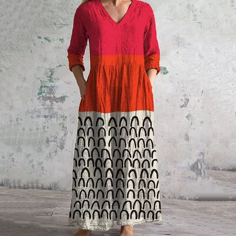 Vintage Rainbow Line  Contrast Colors Art Pattern Women's Linen Dress elevenforest