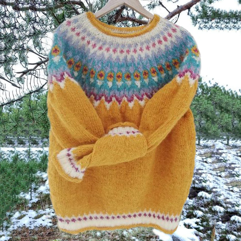 Unisex Vintage Icelandic Yellow Knit Jacquard Warmth Crew Neck Sweater elevenforest
