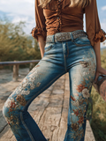 Bohemian Western Cowboy Style Plant Flower Embroidery Women's Skinny Jeans elevenforest