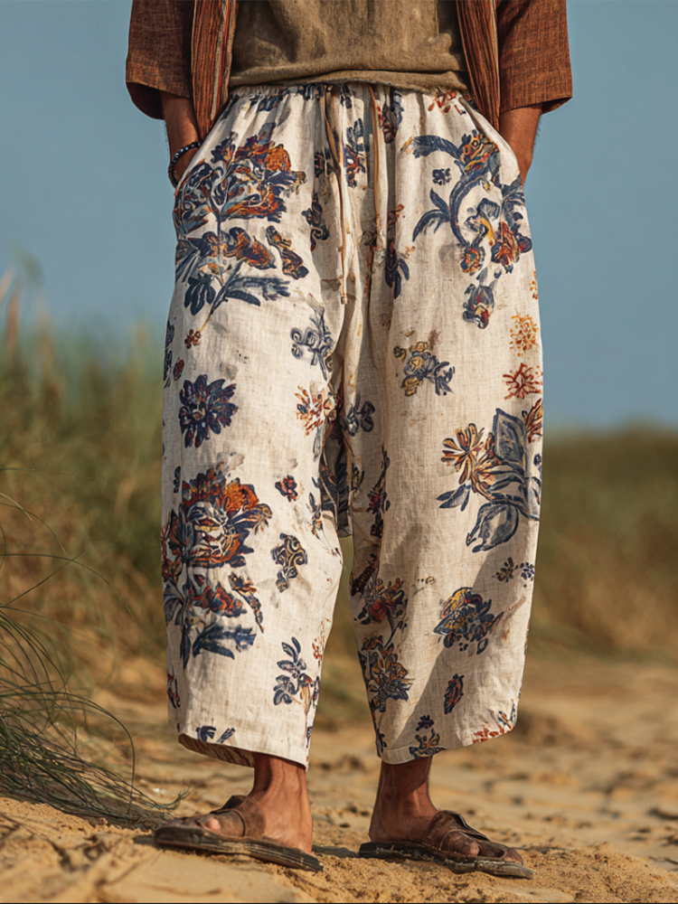 Western Bohemian Style Plant And Flower Pattern Retro Cotton And Linen Men's Loose Wide-leg Pants elevenforest