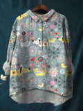 Hand Drawn Flowers Puppy And Kitten Printed Cotton And Linen Shirt