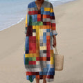 Women's Retro Geometric Art Print Cozy Linen Dress elevenforest