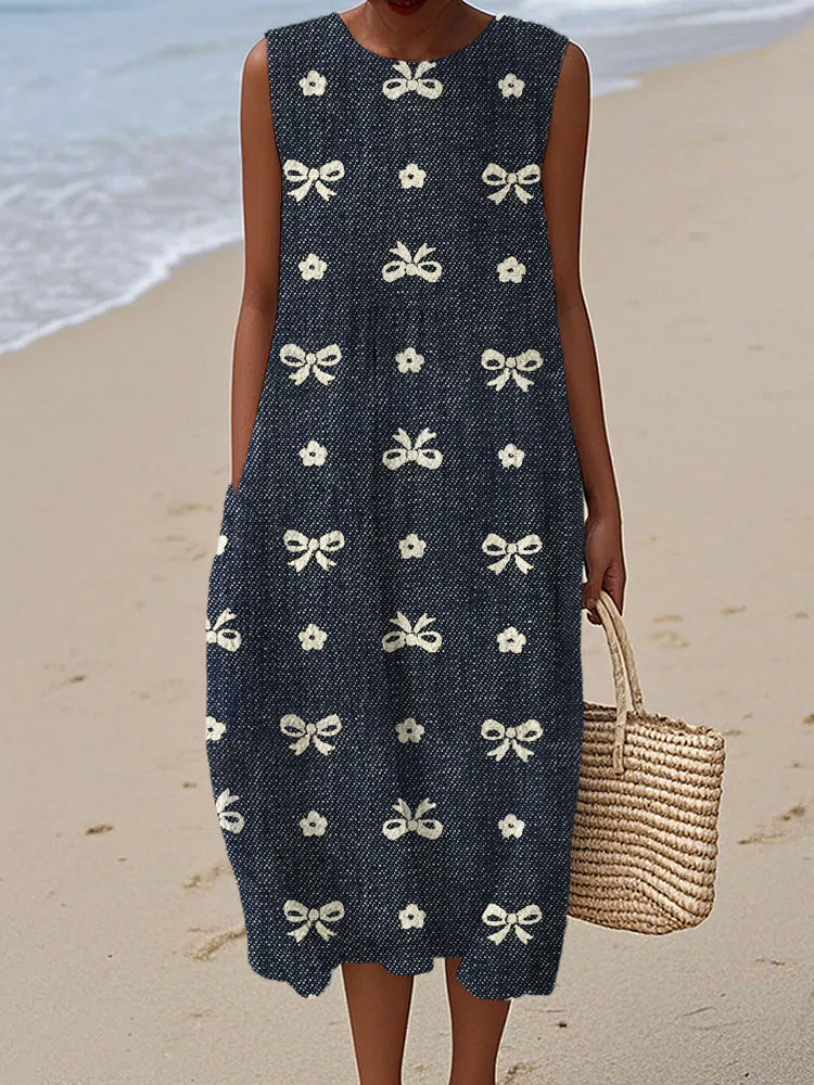Vintage Bow Pattern Women's Linen Vest Dress elevenforest