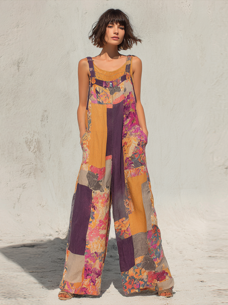 Bohemian Style Plant Flower Pattern Color Block Women's Loose Overalls elevenforest
