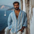 Men's Retro Greek Key Inspired Linen Blend Comfy Blouse elevenforest