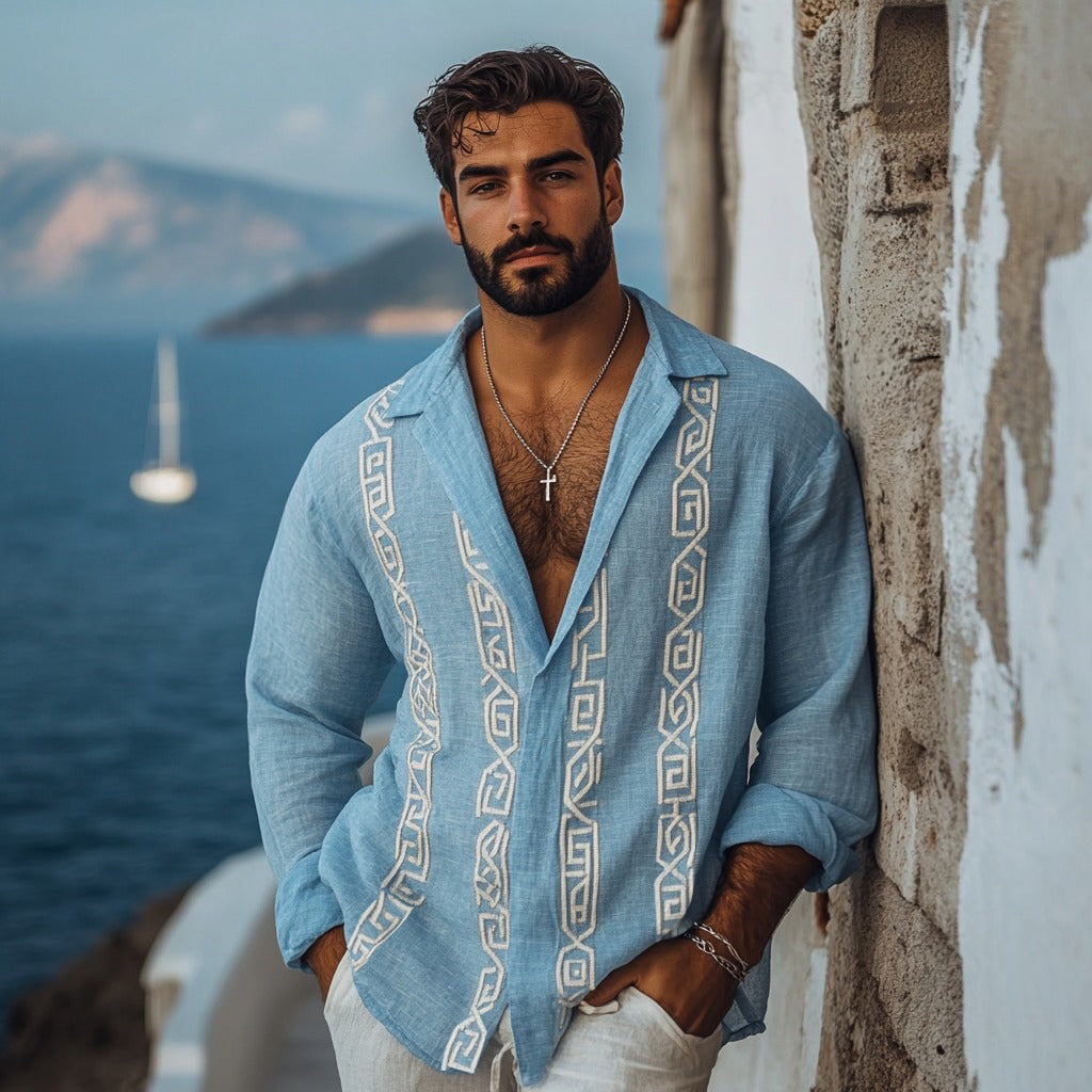 Men's Retro Greek Key Inspired Linen Blend Comfy Blouse elevenforest