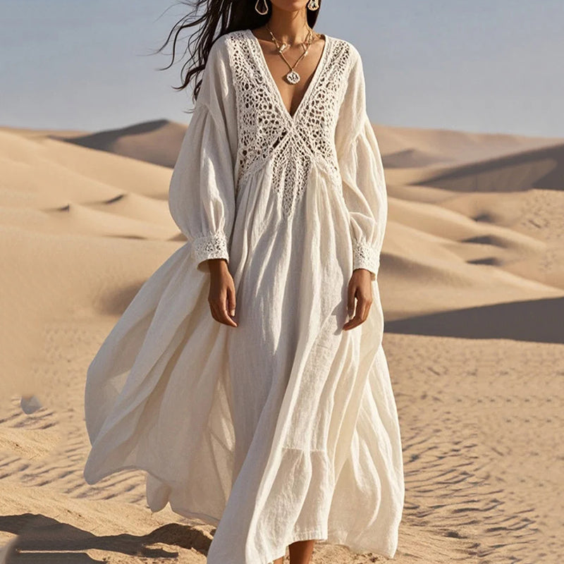 Women's Loose White Lace Patchwork Cotton Holiday Hollow Out Spring Dress elevenforest