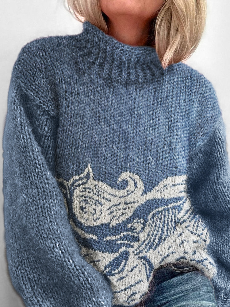 Comstylish Whale Sea Waves Lino Art Knit Cozy Turtleneck Sweater