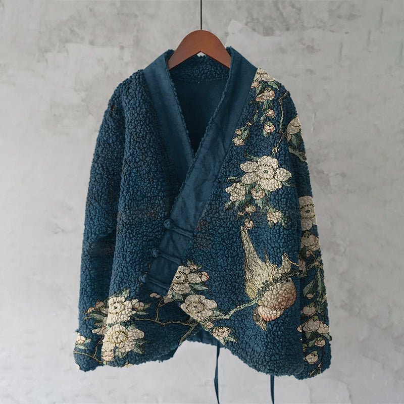 Vintage Japanese Flower And Bird Art Cozy Fleece Kimono Cardigan elevenforest