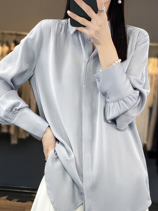 Long Sleeves Loose Buttoned Pleated Color Lapel Blouses&shirts Tops