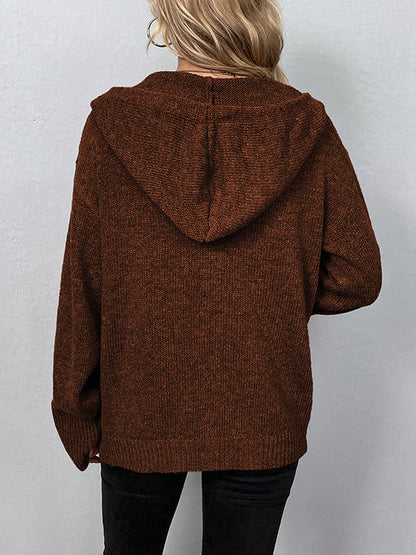 Wrap Buttoned Hooded Color Cardigan
