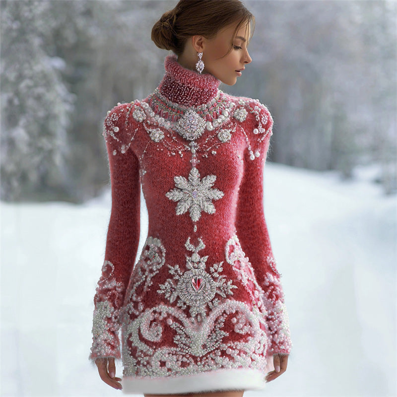 Classy Christmas Snowflakes Jewel Art Cozy Turtleneck Sweater Dress artswardrobe