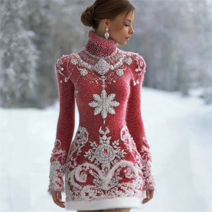Classy Christmas Snowflakes Jewel Art Cozy Turtleneck Sweater Dress artswardrobe