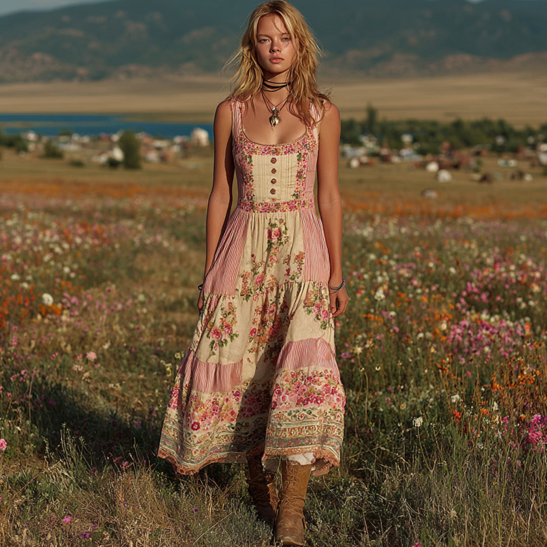 Vintage Pink Floral Patchwork Linen Tank Midi Dress elevenforest