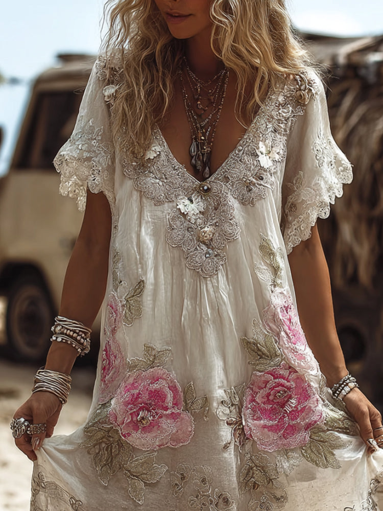 Women's Vintage Unbeatable Flower Short-sleeved V-neck Long Dress elevenforest