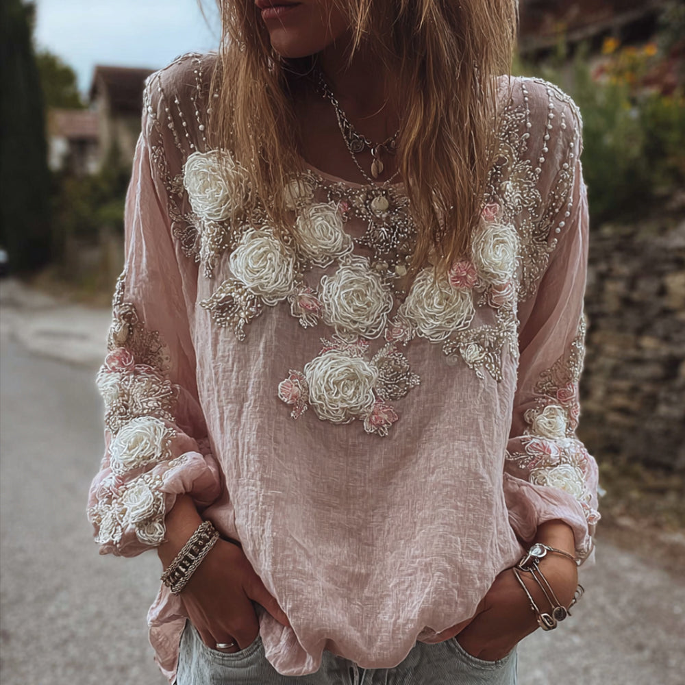 Women's Three-dimensional Flower Romantic Pink Vintage Casual Long-sleeved Top elevenforest