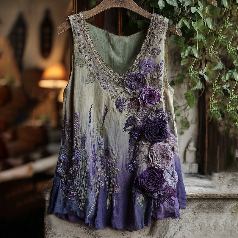 Vintage Classy Gradient Blue Rose And Floral Embroidered Pattern Linen V Neck Tank Top elevenforest