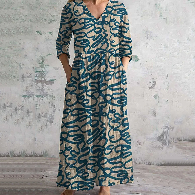 Vintage Irregular Chaotic Blue Lines Contrast Colors Art Pattern Women's Linen Dress elevenforest