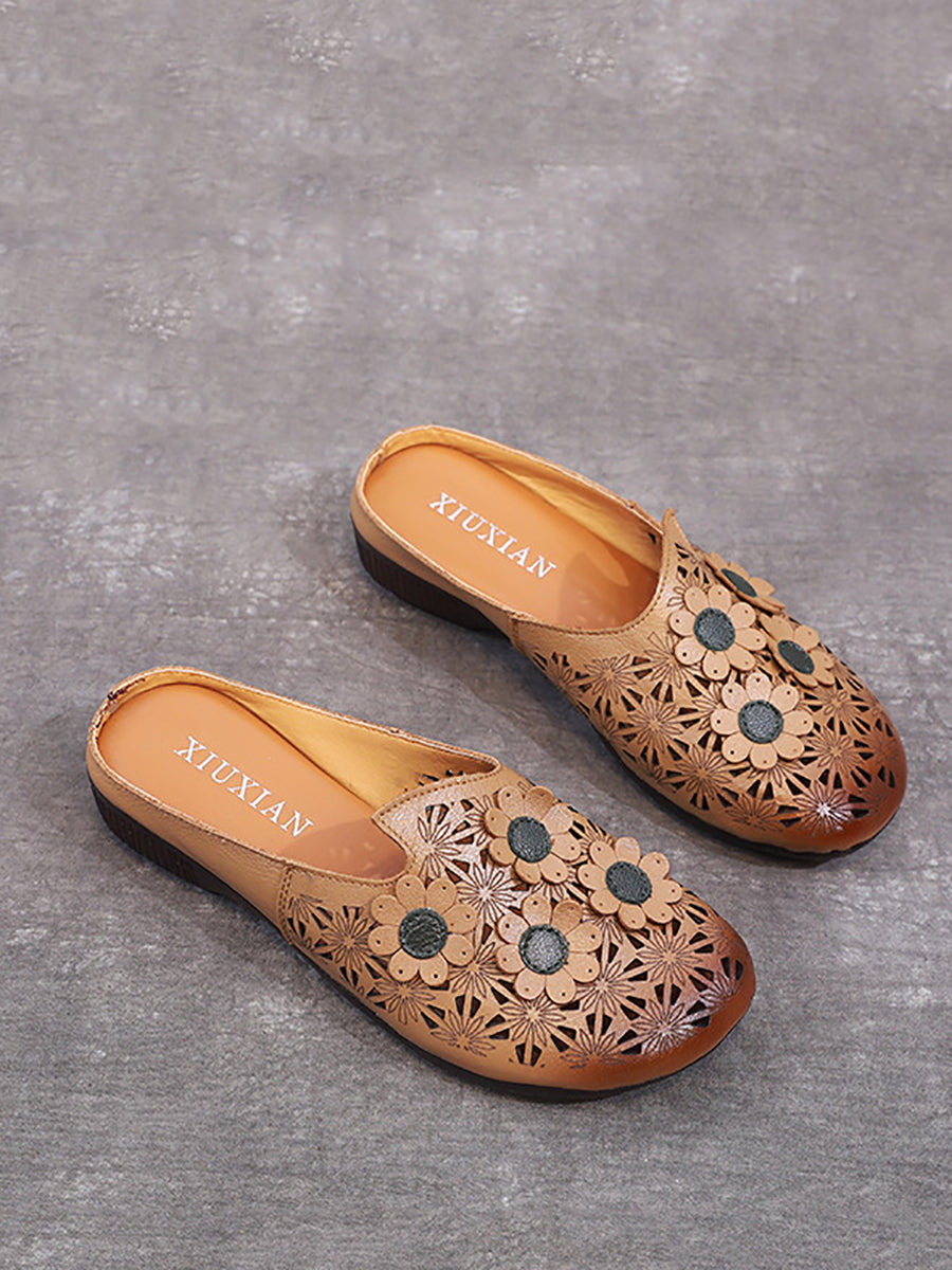 Summer Leather Flower Spliced Cutout Slippers Oo1019