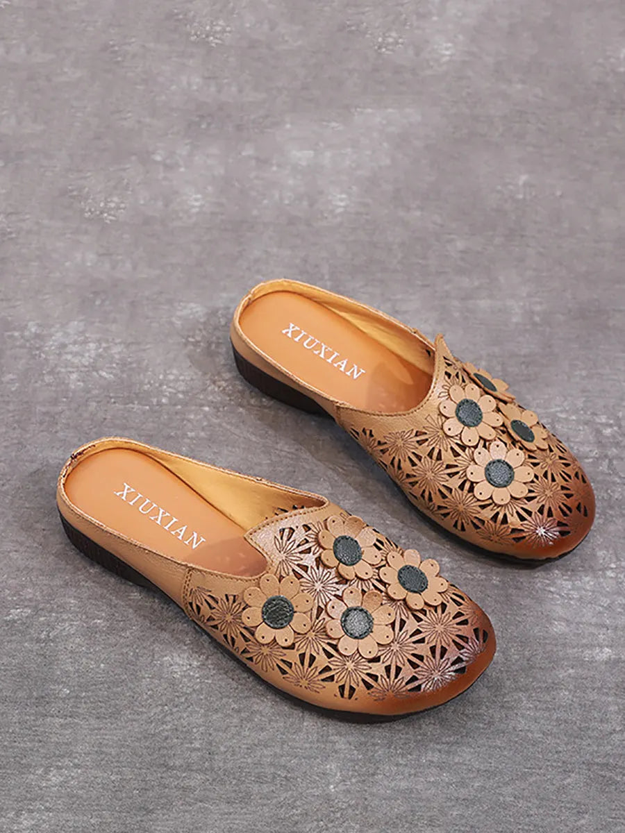Summer Leather Flower Spliced Cutout Slippers Oo1019