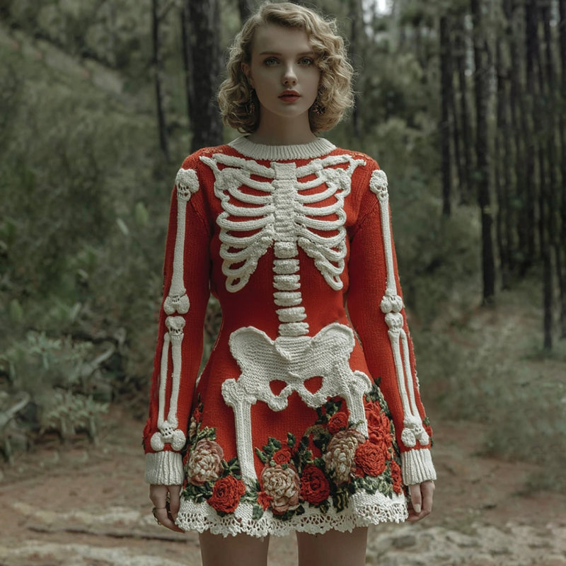 Women's Vintage Halloween Skeleton Bones Rose Comfortable Elegant Sweater Dress elevenforest