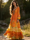 Vintage Boho Print V Neck Long Sleeve Flowy Maxi Dress elevenforest