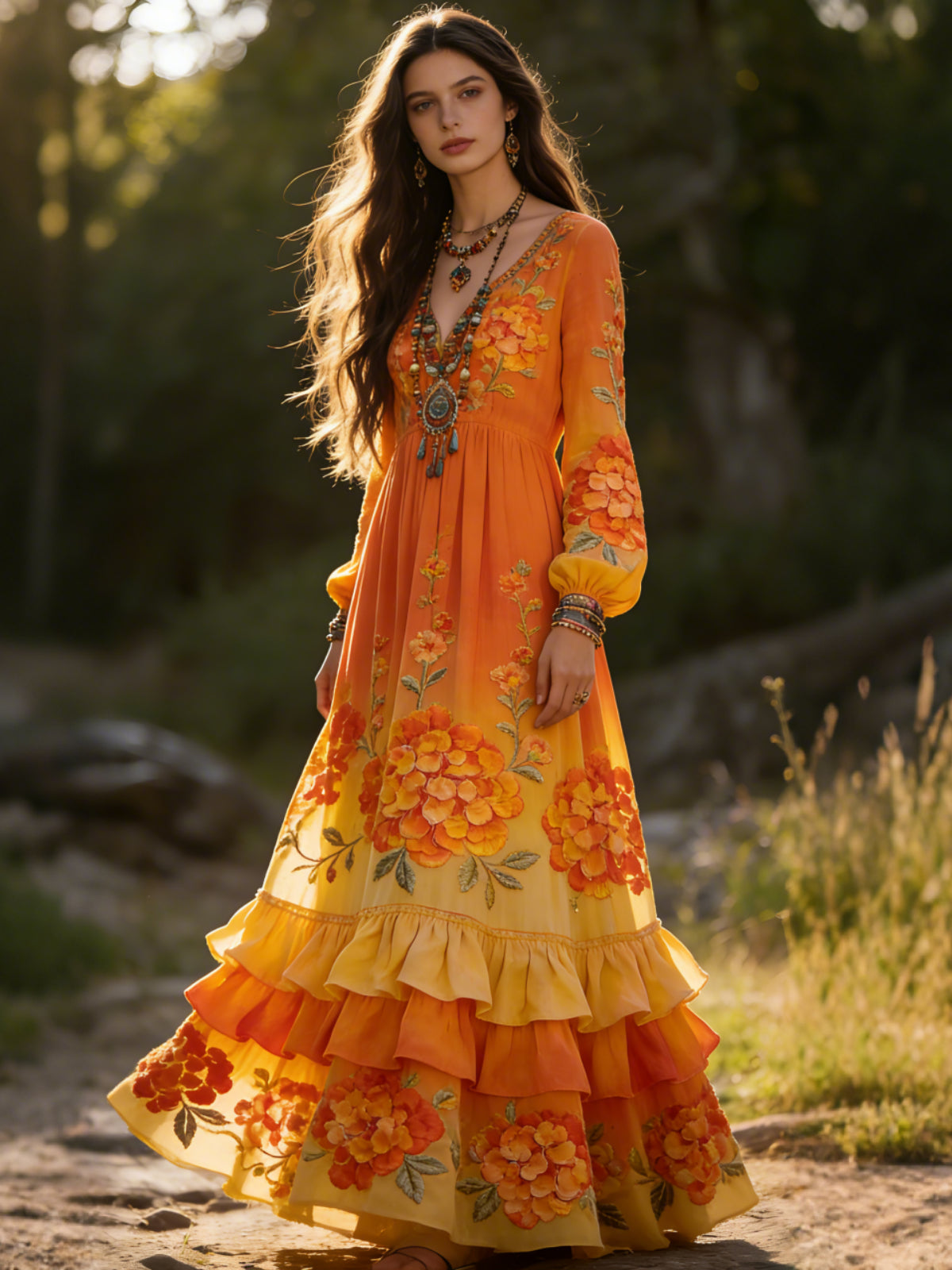 Vintage Boho Print V Neck Long Sleeve Flowy Maxi Dress elevenforest