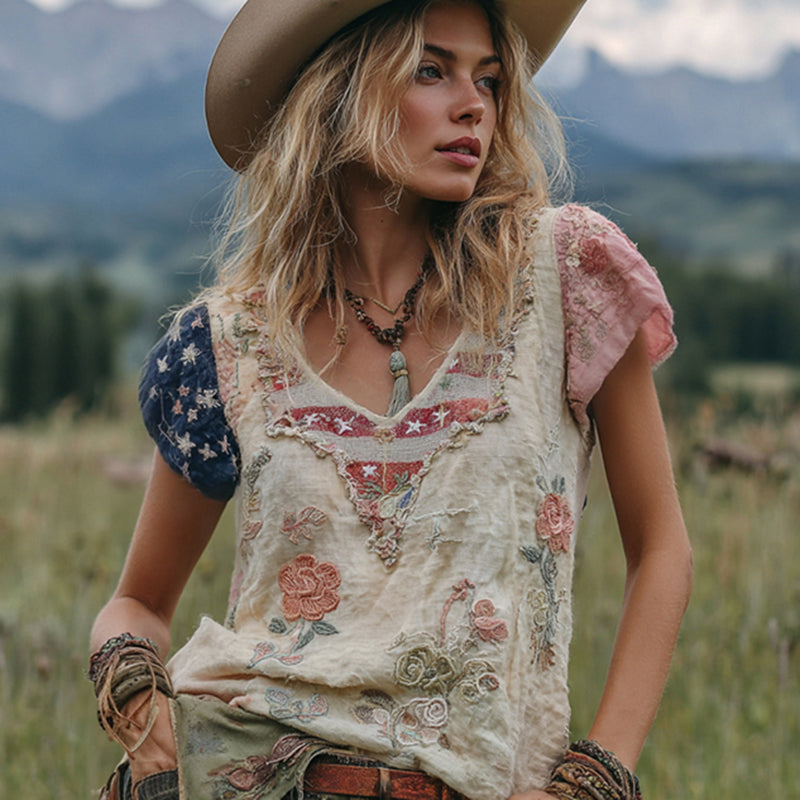 Western Cowboy Style American Flag Floral Patchwork Vintage Linen V Neck T Shirt  In The Countryside elevenforest