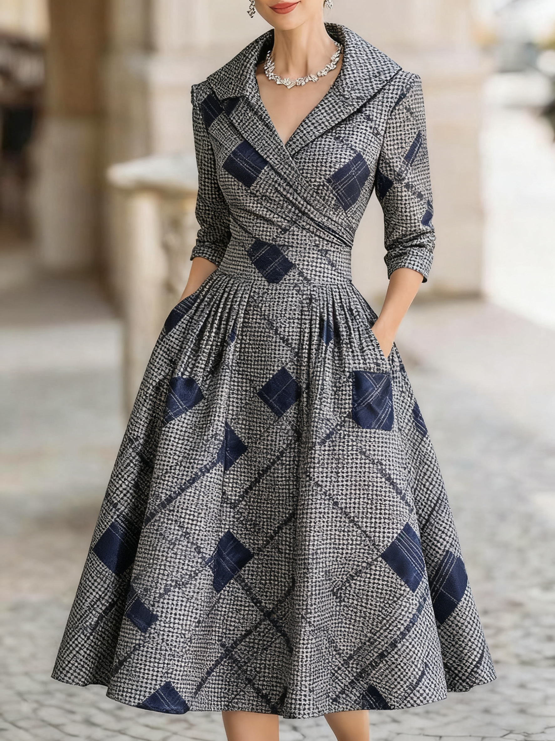 Women's retro cold jacquard print medium and long dress