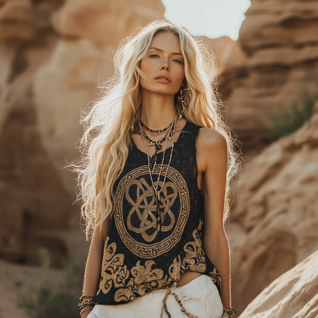 Women's Viking Tribal  Ethnic With Celtic Knot Pattern Art Linen  Sleeveless Top elevenforest